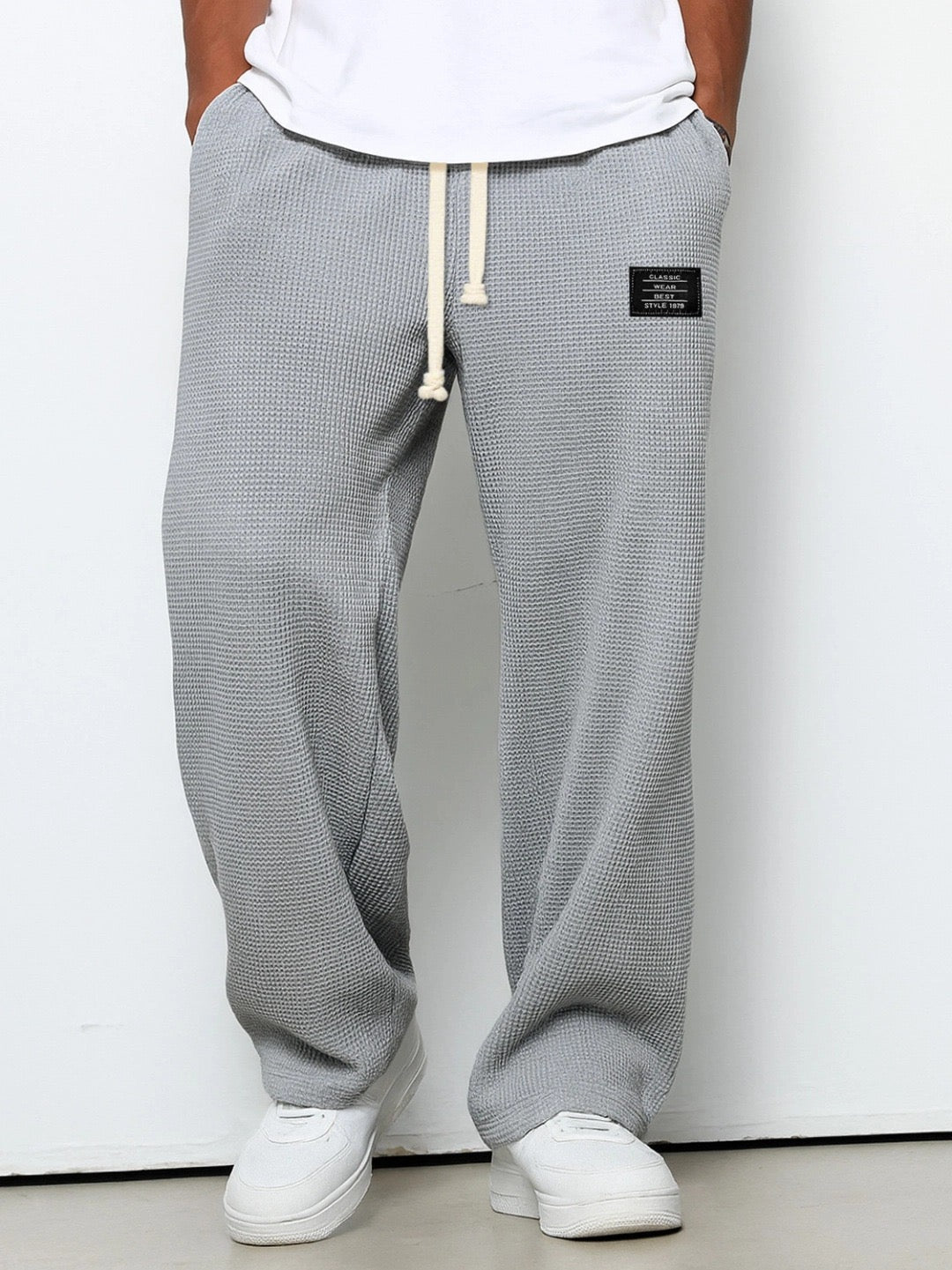 Men's Drawstring Trousers Relaxed Fit Joggers Waffle Knit Sweatpants