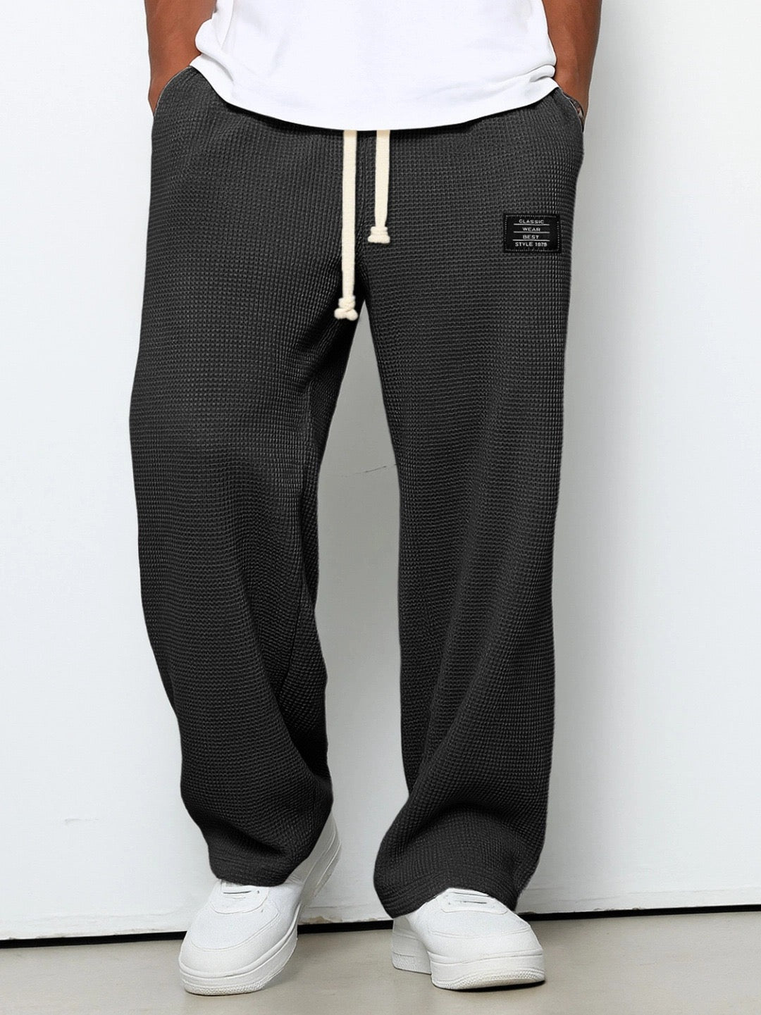 Men's Drawstring Trousers Relaxed Fit Joggers Waffle Knit Sweatpants