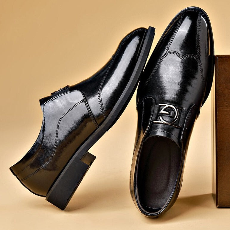 Men's Leather Monk Shoes - Metal Buckle Strap and Wingtip Detail
