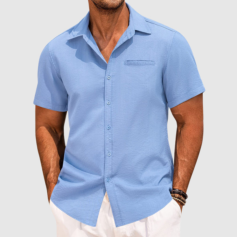 Men’s Short Sleeve Shirt Spread Collar Casual Chest Pocket