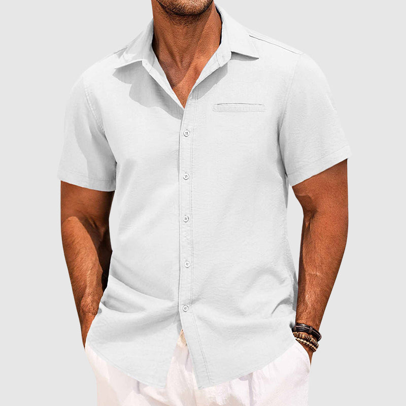 Men’s Short Sleeve Shirt Spread Collar Casual Chest Pocket