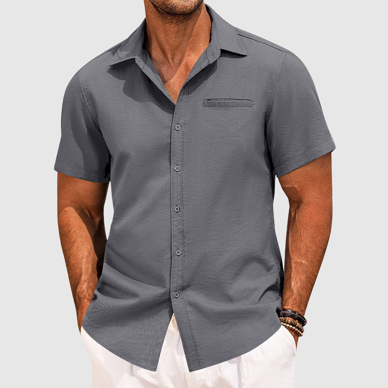 Men’s Short Sleeve Shirt Spread Collar Casual Chest Pocket