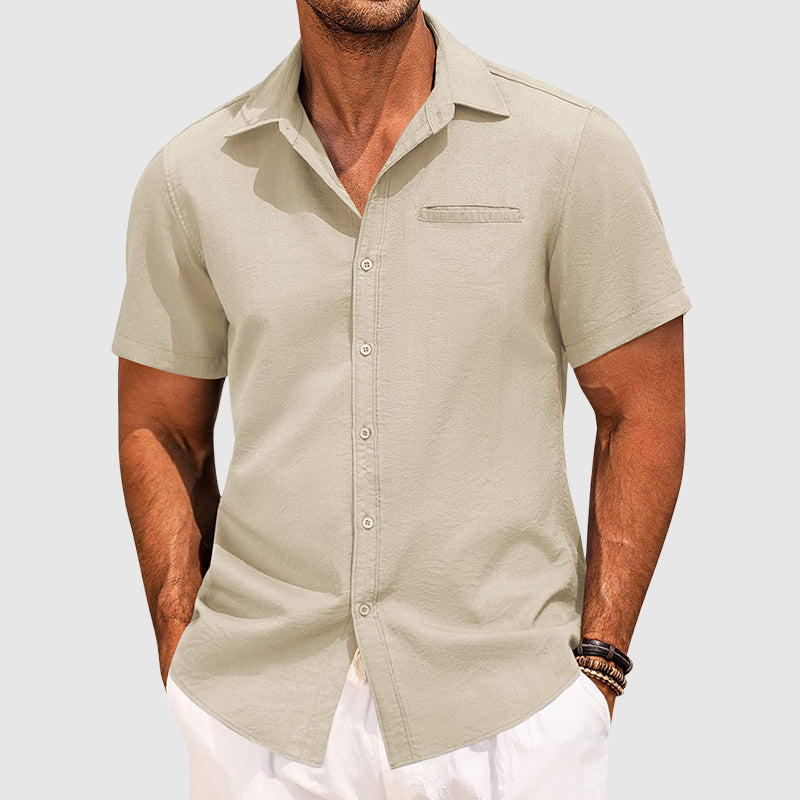 Men’s Short Sleeve Shirt Spread Collar Casual Chest Pocket
