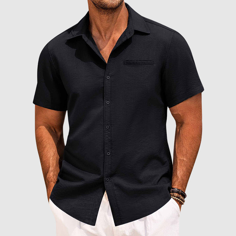 Men’s Short Sleeve Shirt Spread Collar Casual Chest Pocket