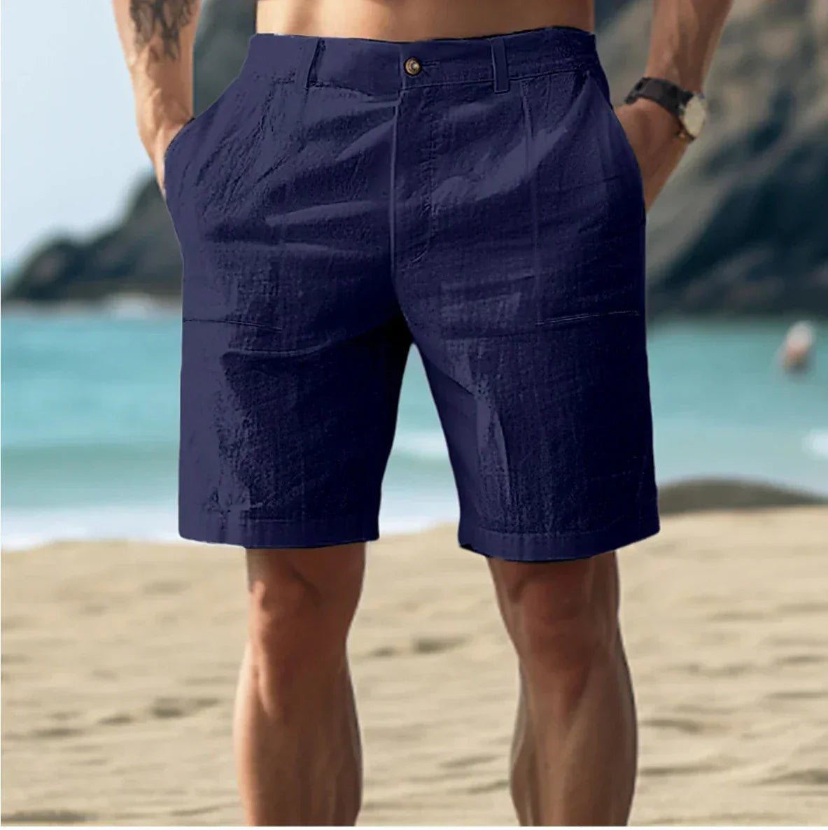 Men's Linen Shorts - Button Fastening and Side Pockets