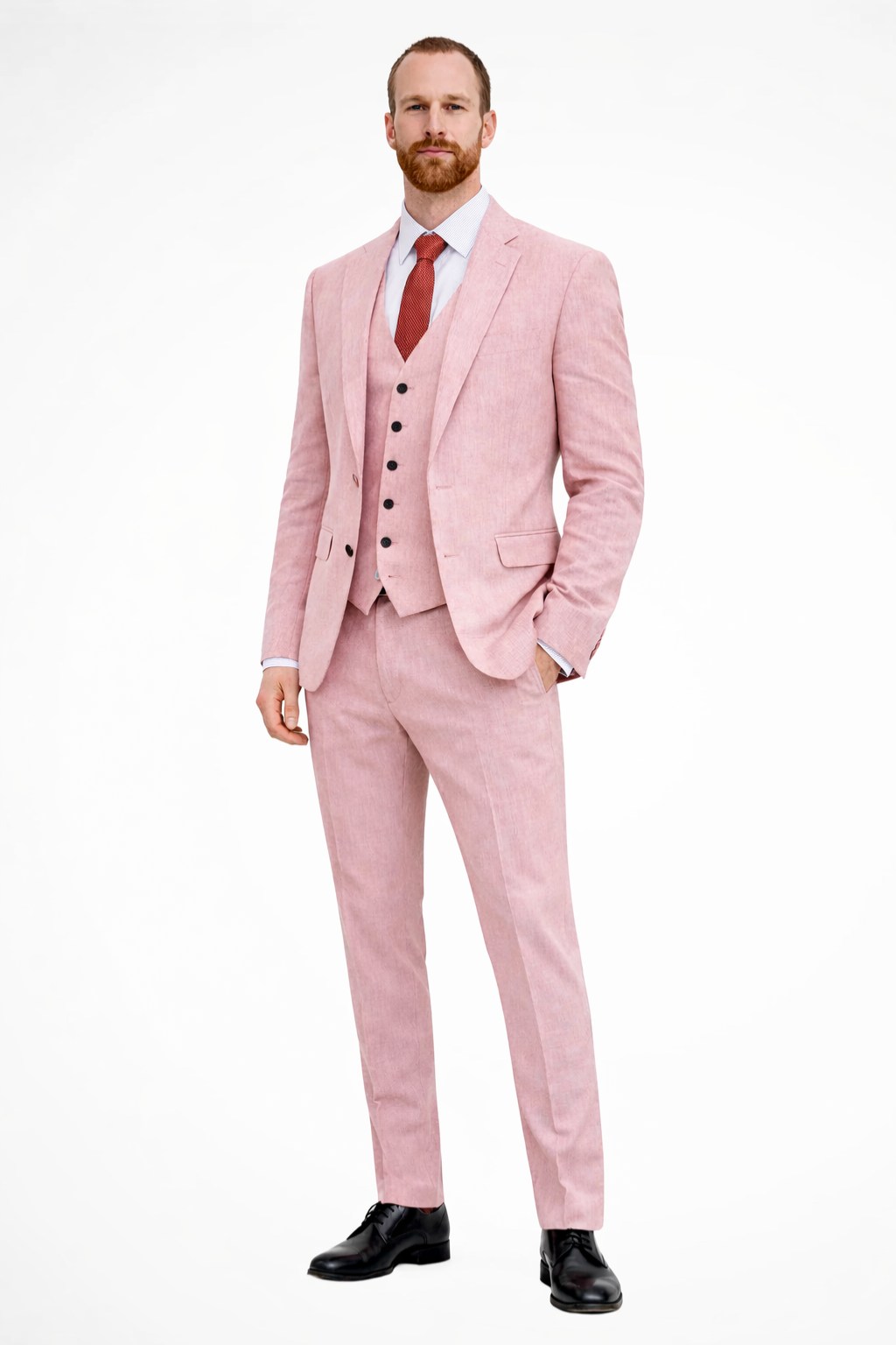 Men's Linen Three-Piece Suit - Tailored Fit with Single-Breasted Jacket and Waistcoat