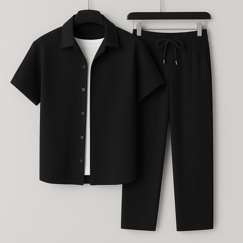 Men's Relaxed Textured Lounge Set Drawstring Trousers and Breathable Shirt