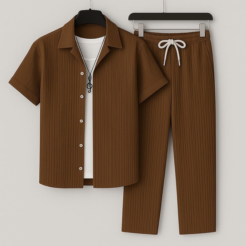 Men's Relaxed Textured Lounge Set Drawstring Trousers and Breathable Shirt