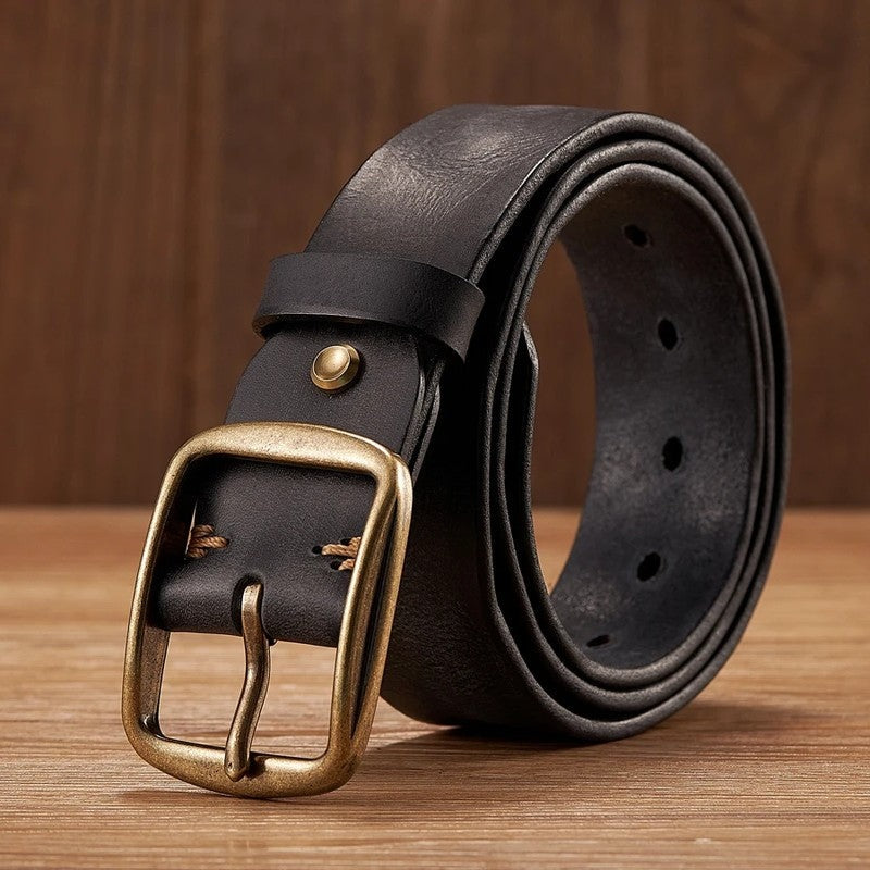 Men's Vintage Solid Dress Belt Antique Buckle and Durable Design