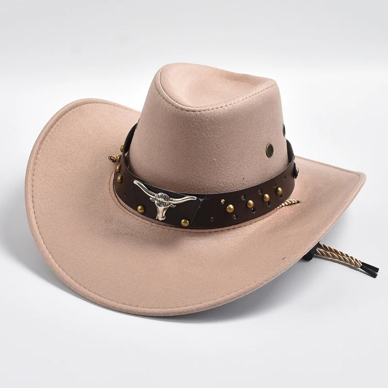Men's Wide Brim Western Cowboy Hat Bull Emblem and Studded Detail