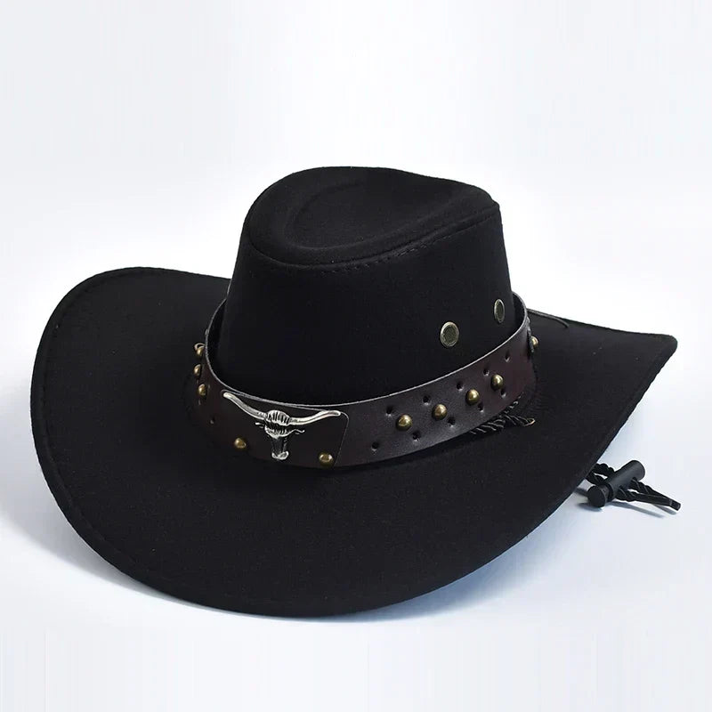 Men's Wide Brim Western Cowboy Hat Bull Emblem and Studded Detail