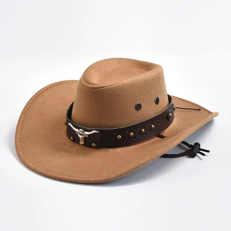 Men's Wide Brim Western Cowboy Hat Bull Emblem and Studded Detail
