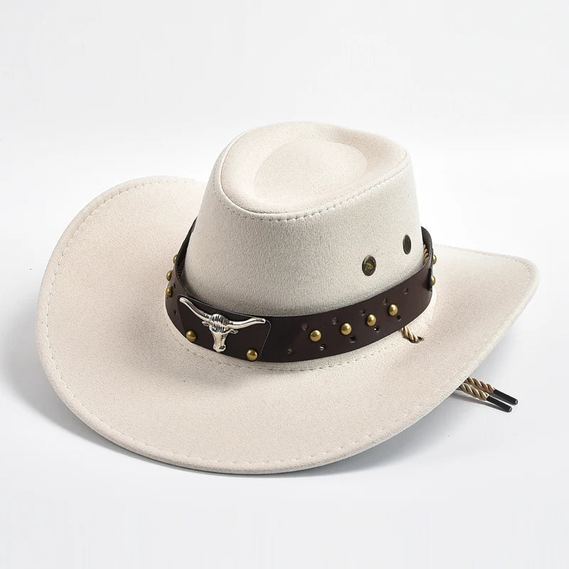 Men's Wide Brim Western Cowboy Hat Bull Emblem and Studded Detail