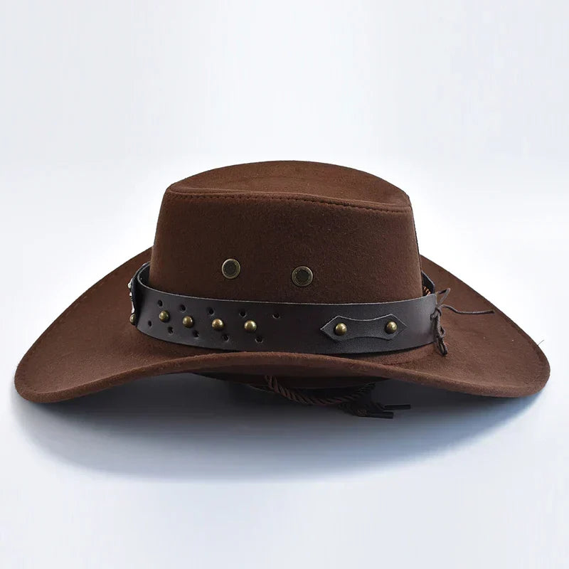 Men's Wide Brim Western Cowboy Hat Bull Emblem and Studded Detail