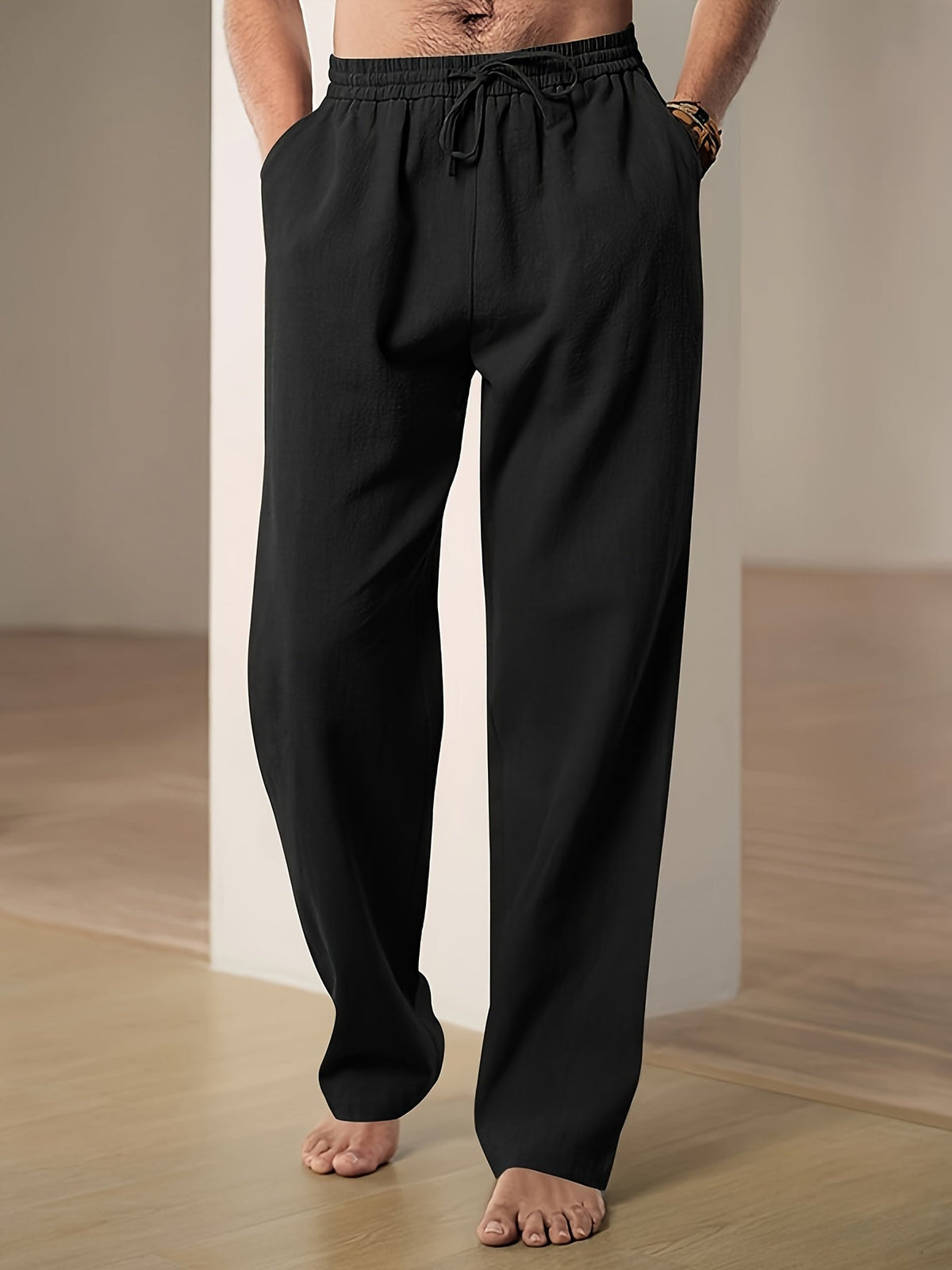 Men's Wide Leg Loose Fit Trousers - Lightweight Linen
