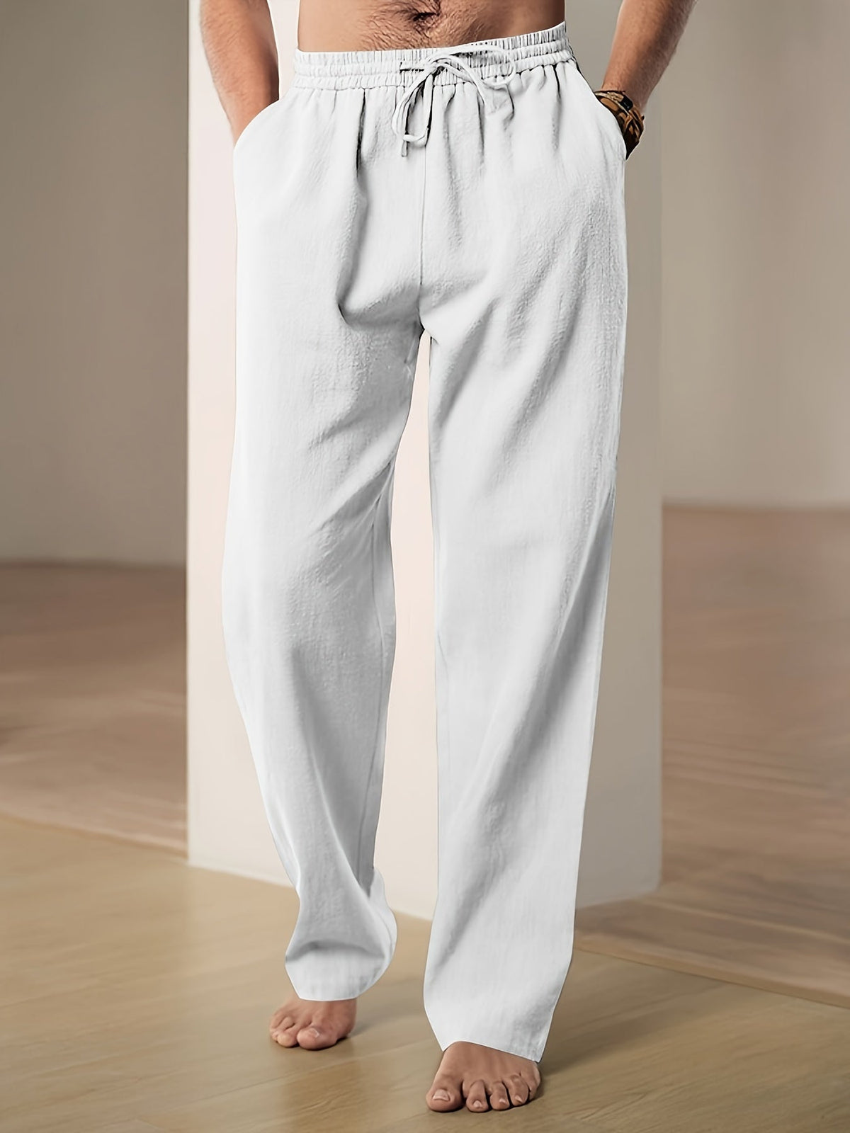 Men's Wide Leg Loose Fit Trousers - Lightweight Linen
