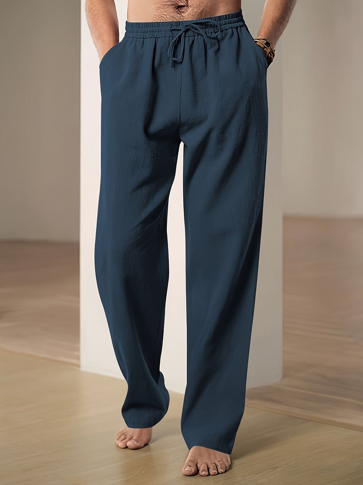 Men's Wide Leg Loose Fit Trousers - Lightweight Linen