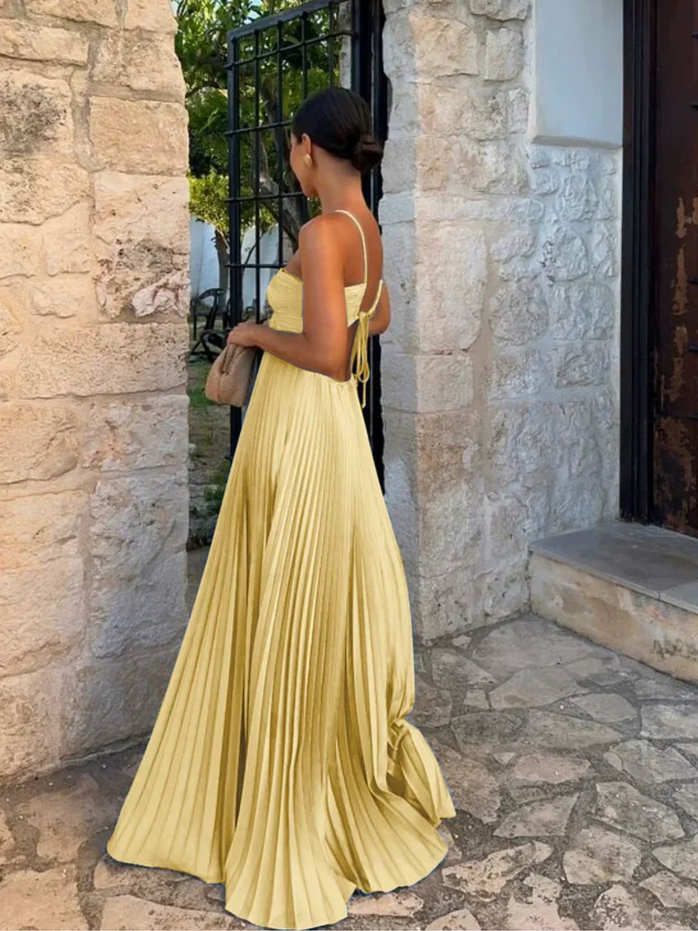 Women's Pleated Halter Neck Maxi Dress - High-Waisted Side Cut-Out Design