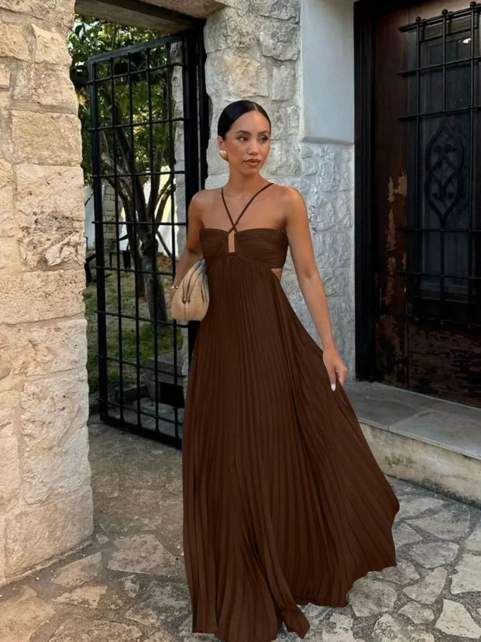 Women's Pleated Halter Neck Maxi Dress - High-Waisted Side Cut-Out Design