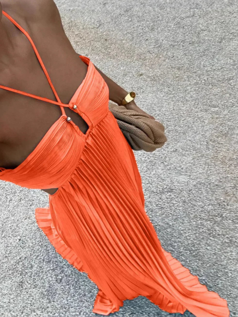 Women's Pleated Halter Neck Maxi Dress - High-Waisted Side Cut-Out Design