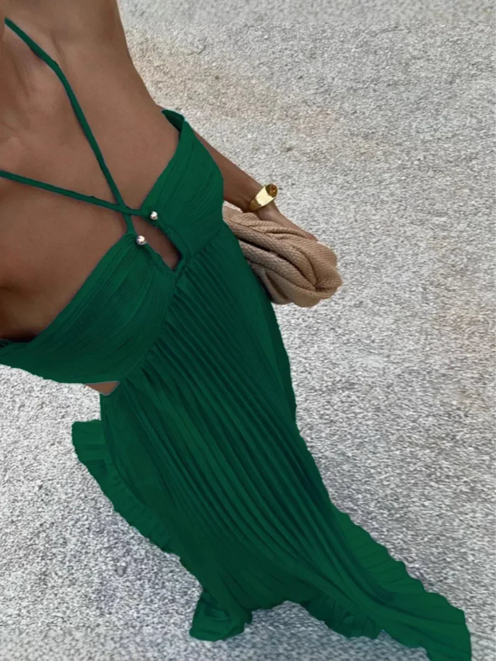 Women's Pleated Halter Neck Maxi Dress - High-Waisted Side Cut-Out Design