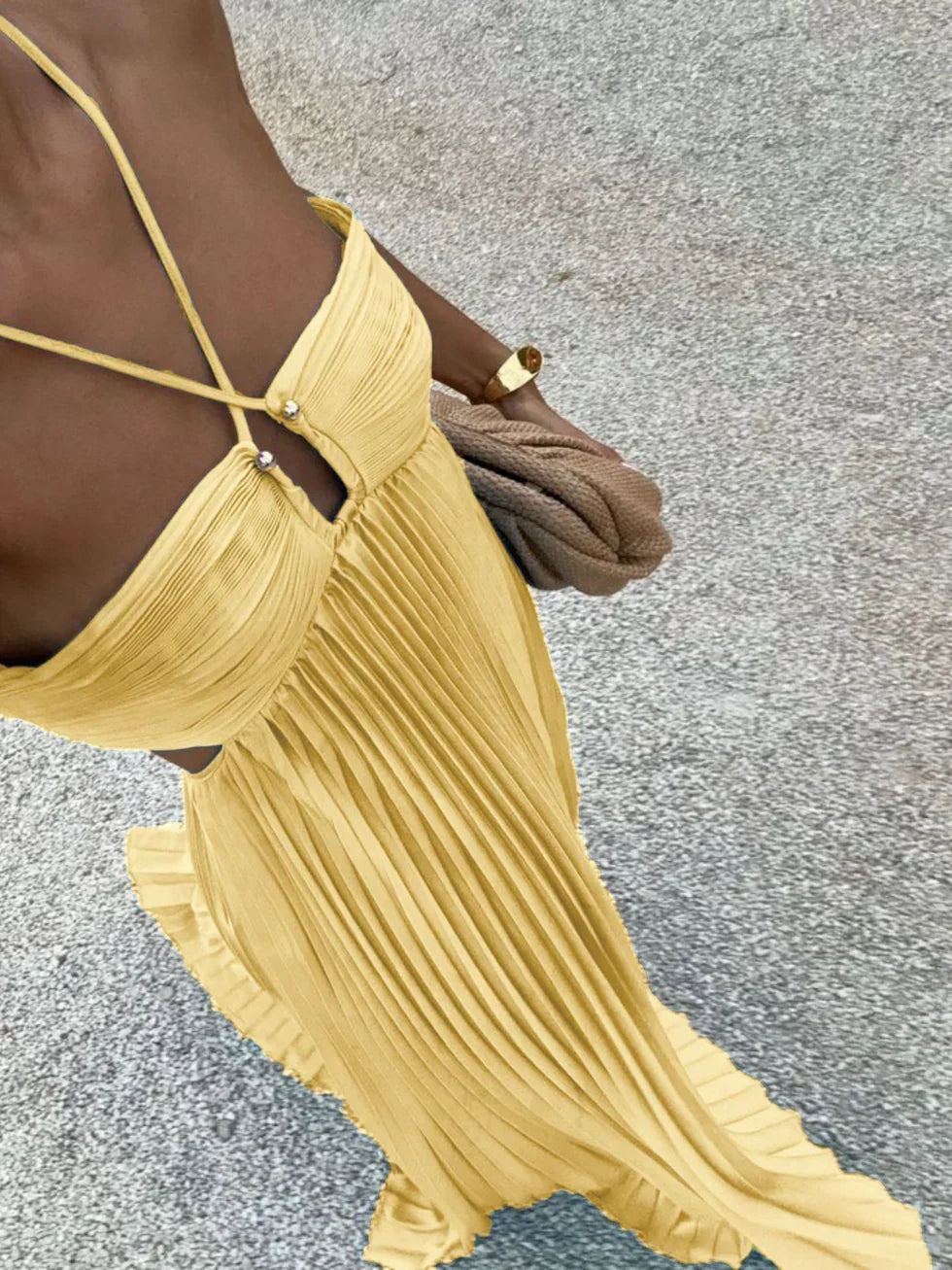 Women's Pleated Halter Neck Maxi Dress - High-Waisted Side Cut-Out Design