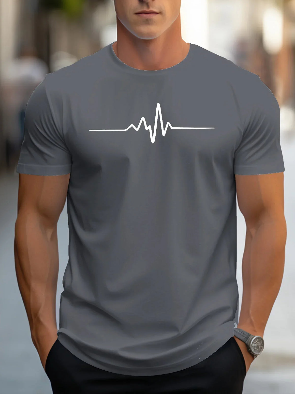 Men's Short Sleeve Slim Fit T-Shirt - Minimalist Heartbeat Print