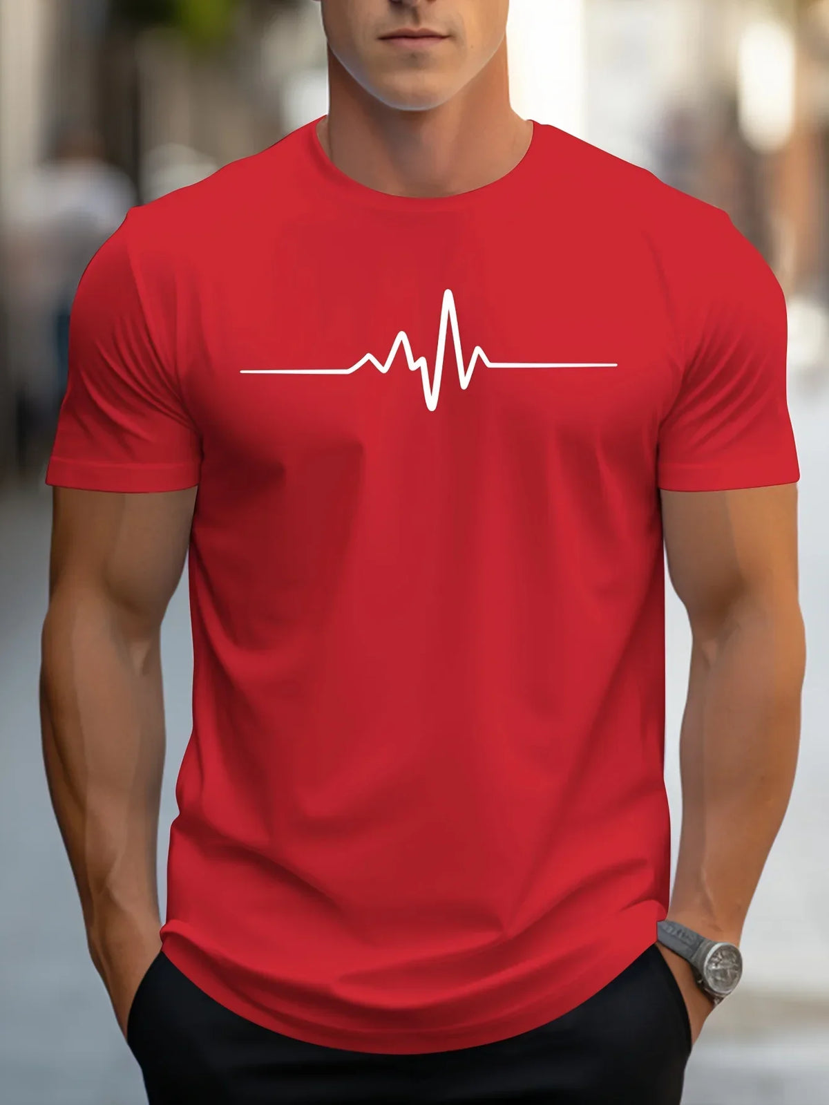 Men's Short Sleeve Slim Fit T-Shirt - Minimalist Heartbeat Print