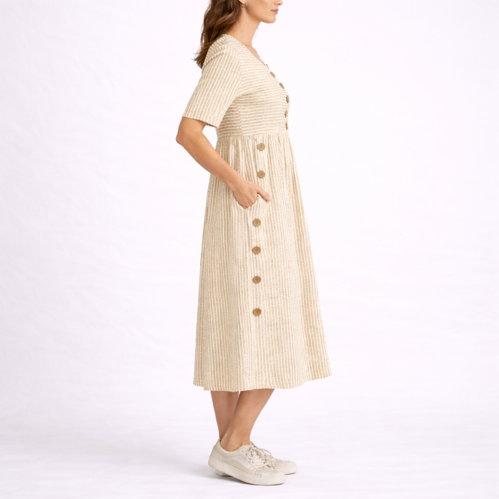 Women's Striped Midi Dress - Round Neck with Button Trim and Pockets