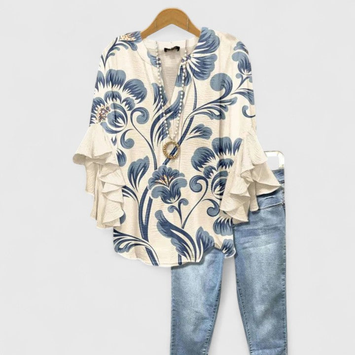 Women Printed Top Ruffle Sleeve Casual Patterned