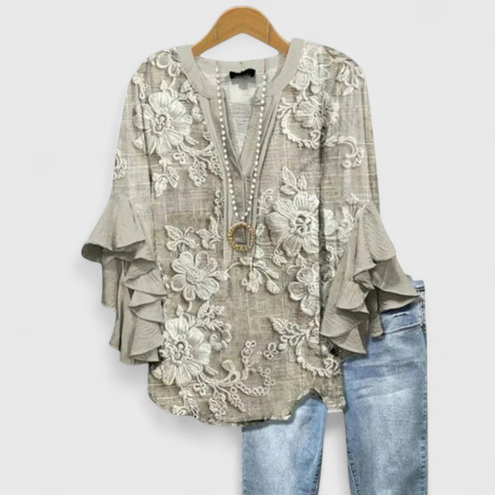 Women Printed Top Ruffle Sleeve Casual Patterned