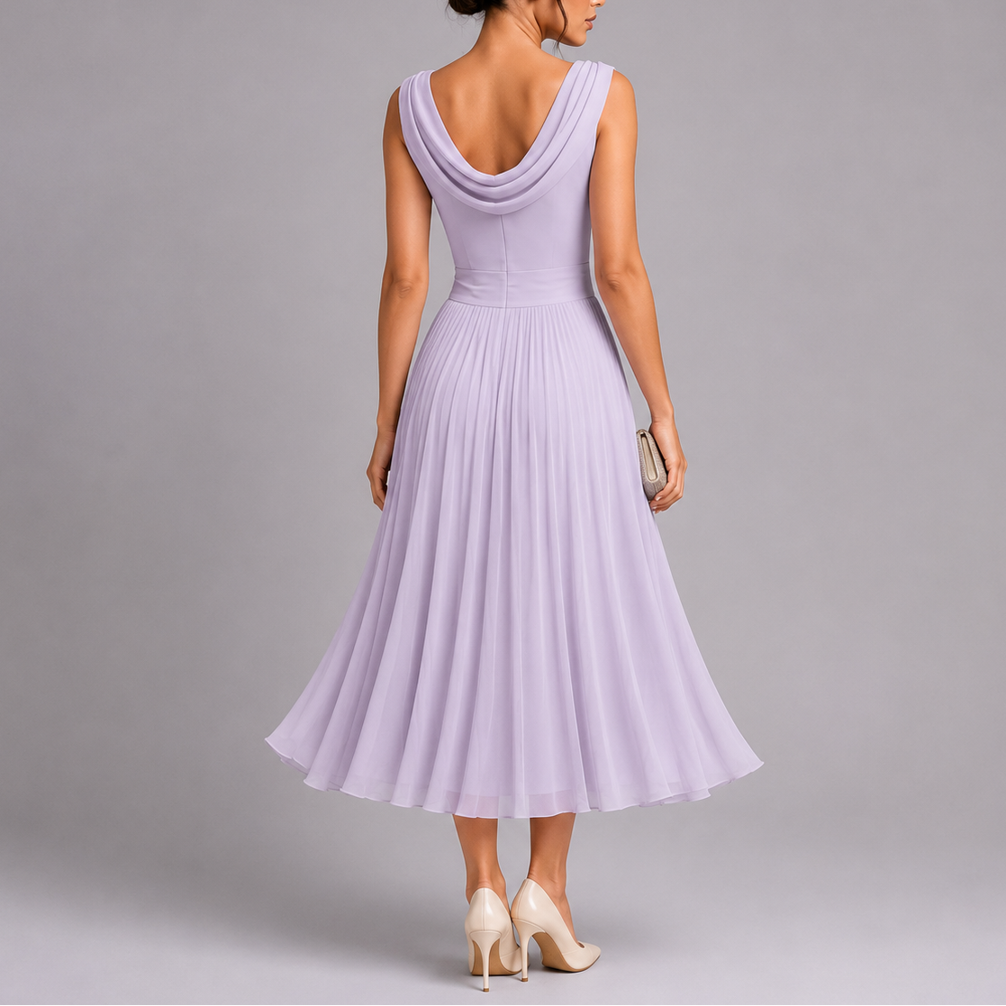 Women's Draped Neckline Pleated Midi Dress - Elegant Occasion Wear