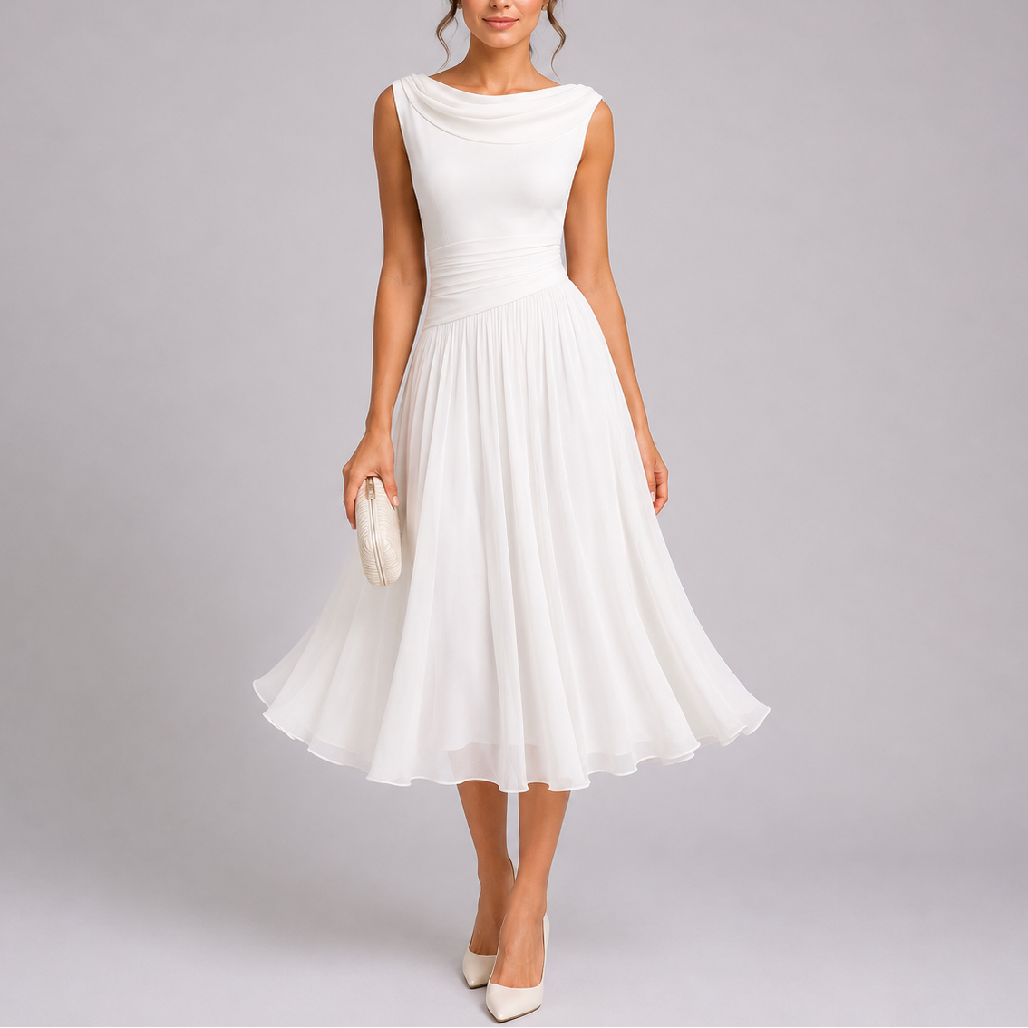 Women's Draped Neckline Pleated Midi Dress - Elegant Occasion Wear