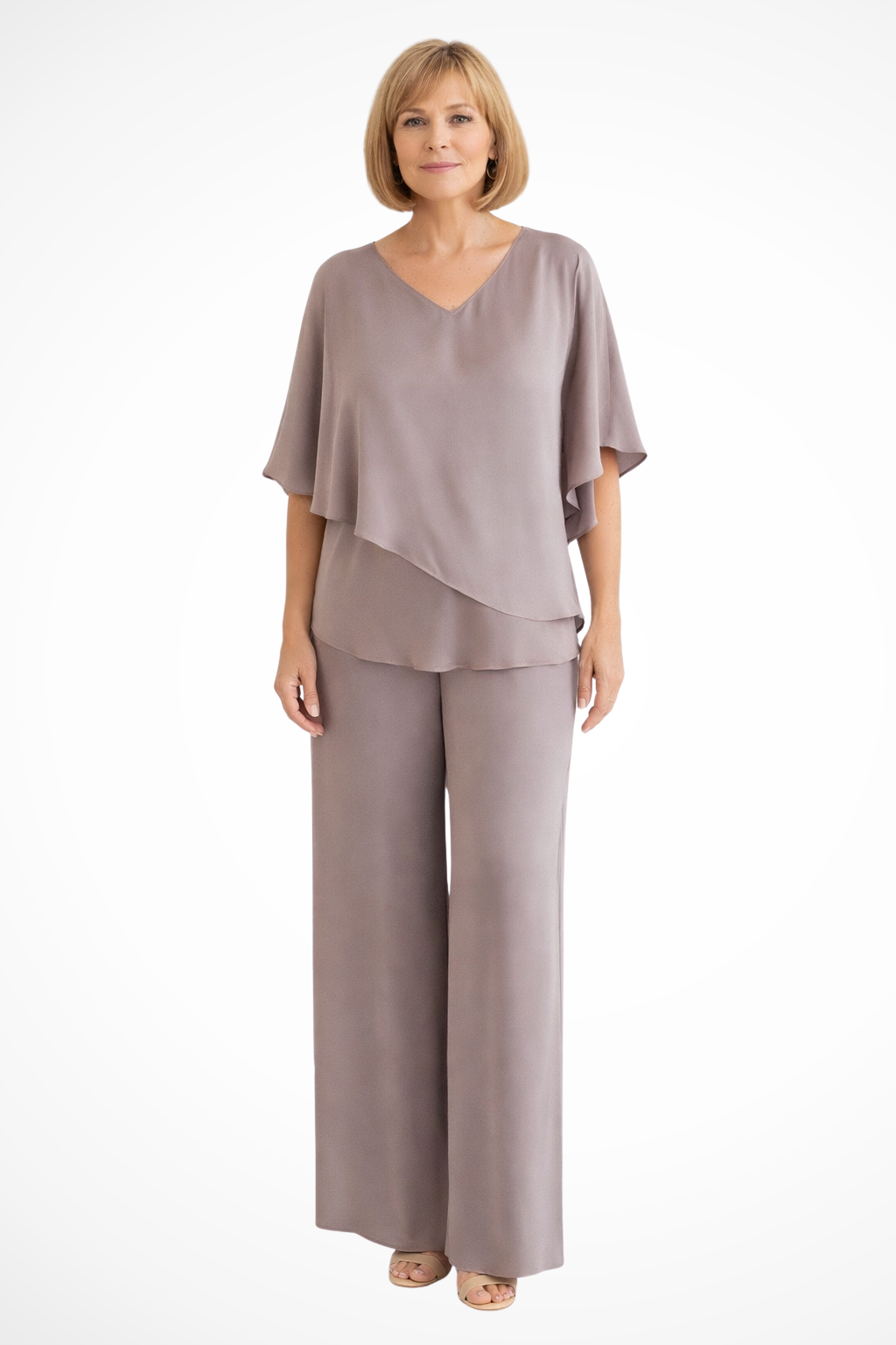 Women's 2-Piece Set - V-Neck Cape Top and Wide Leg Trousers