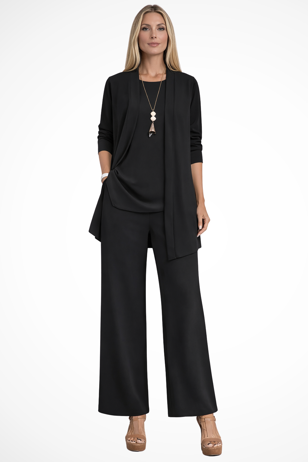 Women's 3-Piece Trouser Set - Sleeveless Top, Open Front Jacket and Wide-Leg Trousers