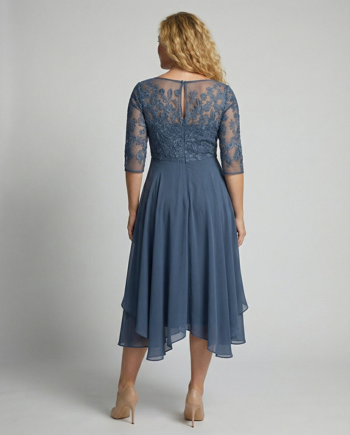 Women's 3/4 Sleeve Embroidered Midi Dress - Layered Skirt