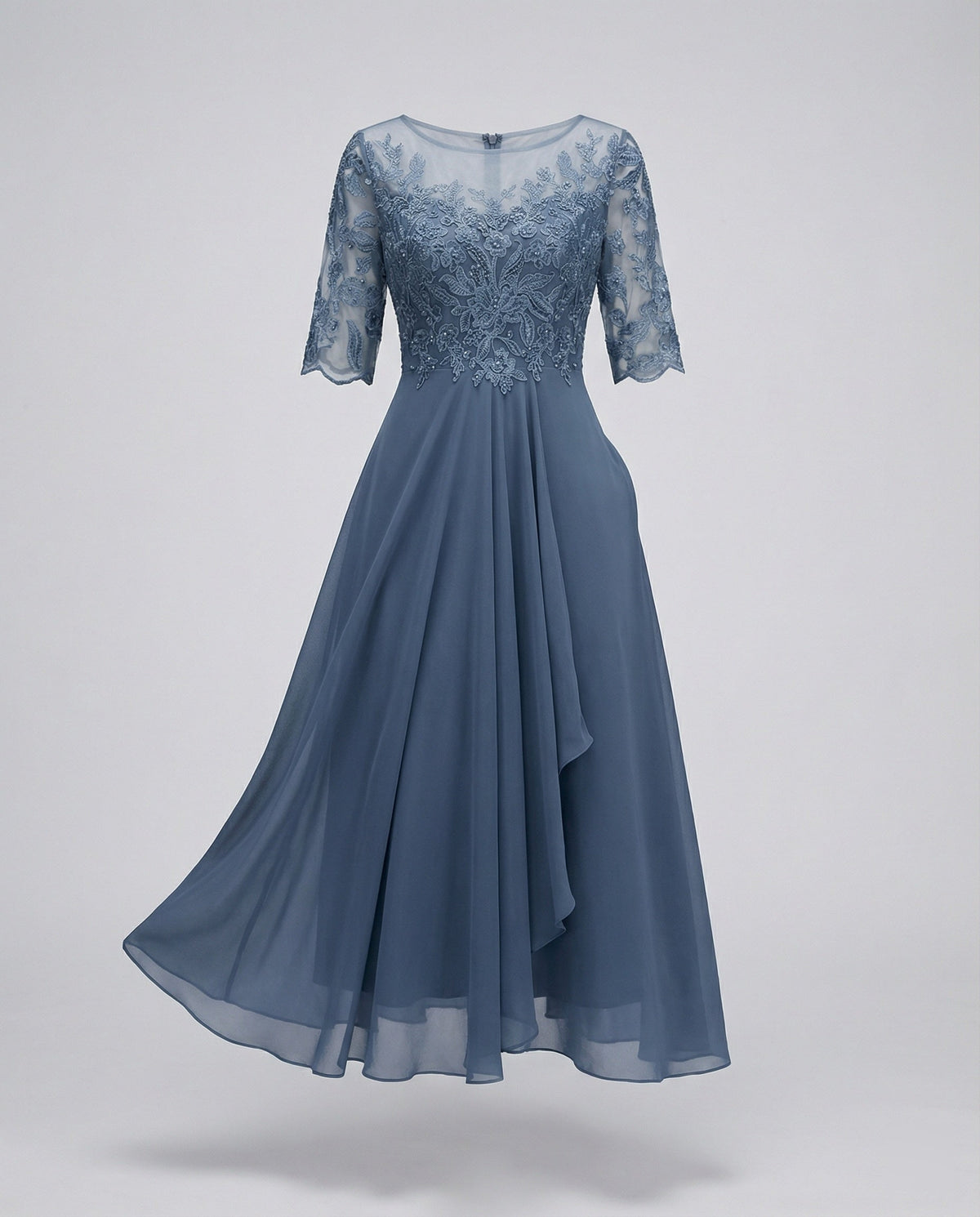 Women's 3/4 Sleeve Embroidered Midi Dress - Layered Skirt