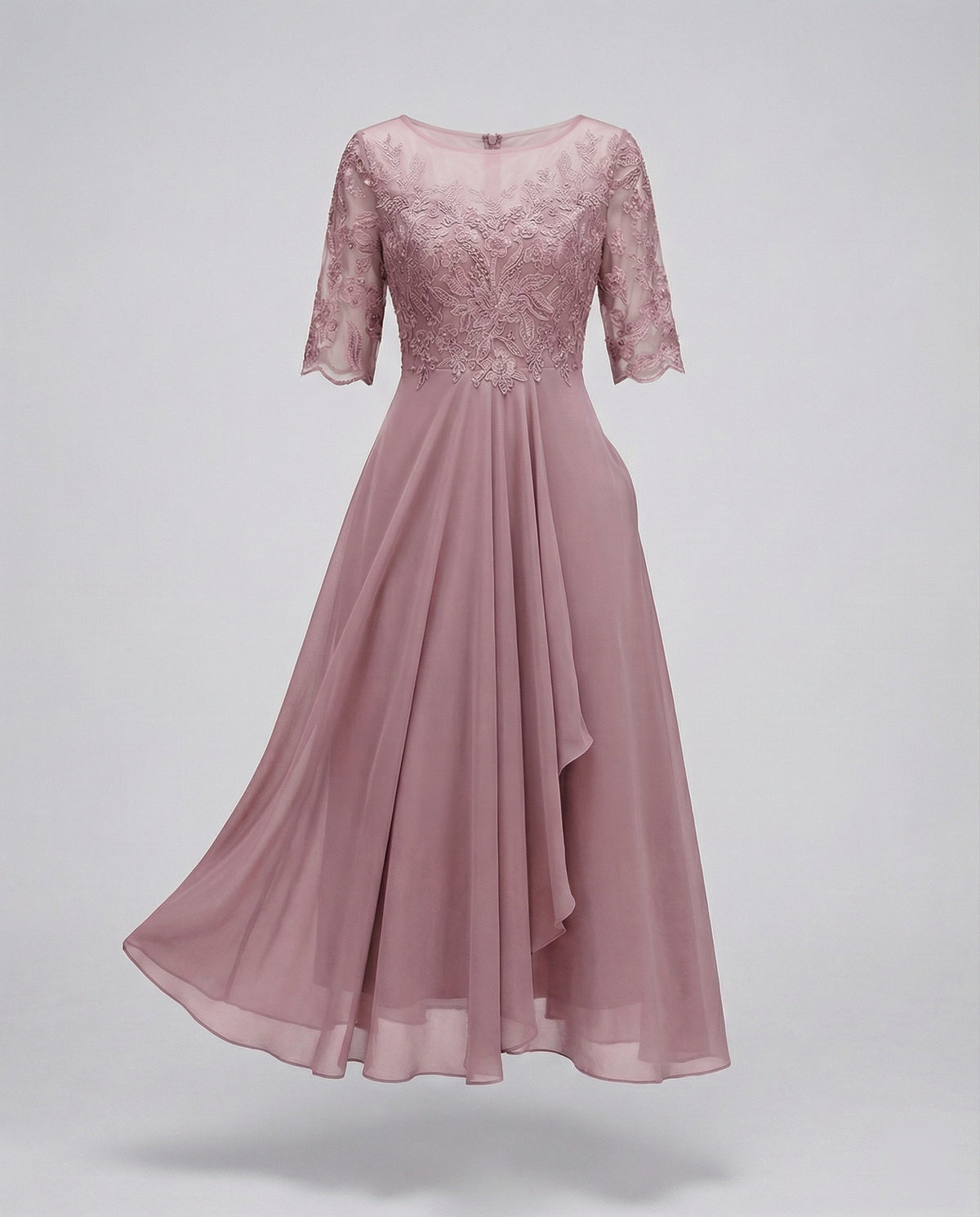 Women's 3/4 Sleeve Embroidered Midi Dress - Layered Skirt