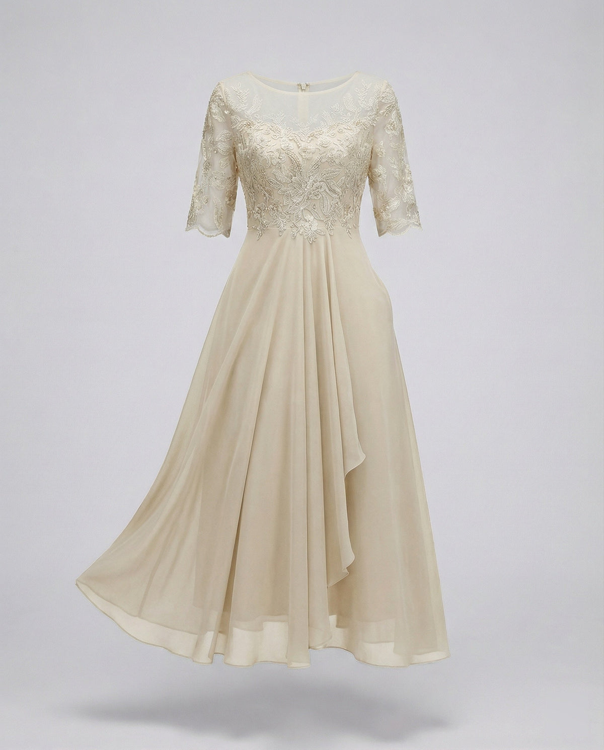 Women's 3/4 Sleeve Embroidered Midi Dress - Layered Skirt