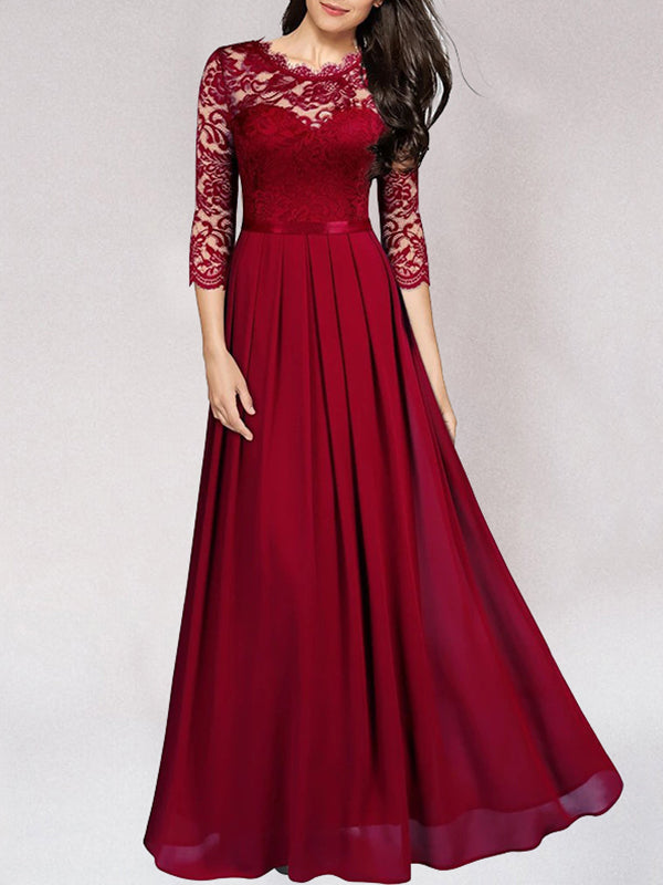 Women's 3/4 Sleeve High-Waisted Maxi Dress - Wedding Guest Dress with Pleated Skirt