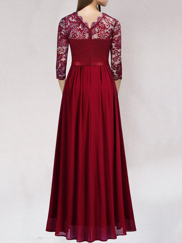 Women's 3/4 Sleeve High-Waisted Maxi Dress - Wedding Guest Dress with Pleated Skirt