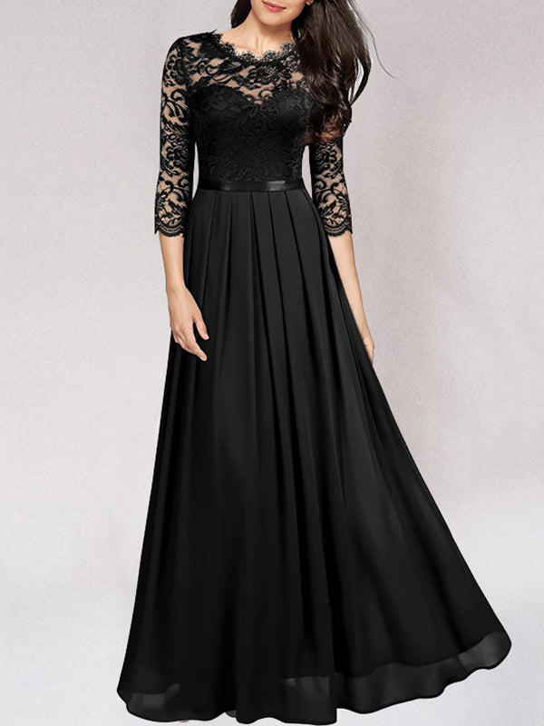 Women's 3/4 Sleeve High-Waisted Maxi Dress - Wedding Guest Dress with Pleated Skirt