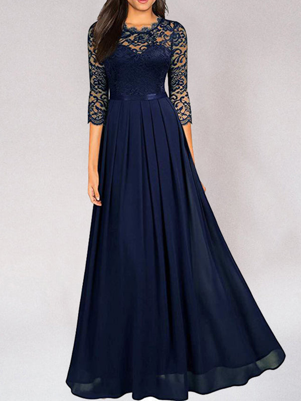 Women's 3/4 Sleeve High-Waisted Maxi Dress - Wedding Guest Dress with Pleated Skirt
