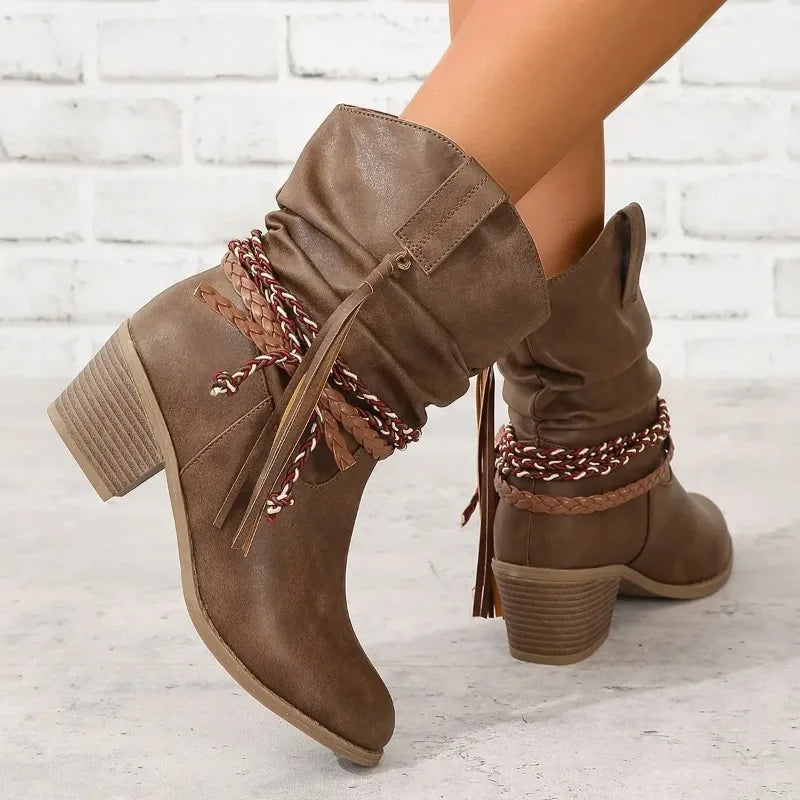 Women's Ankle Boots - Braided Strap and Tassel Detail Options