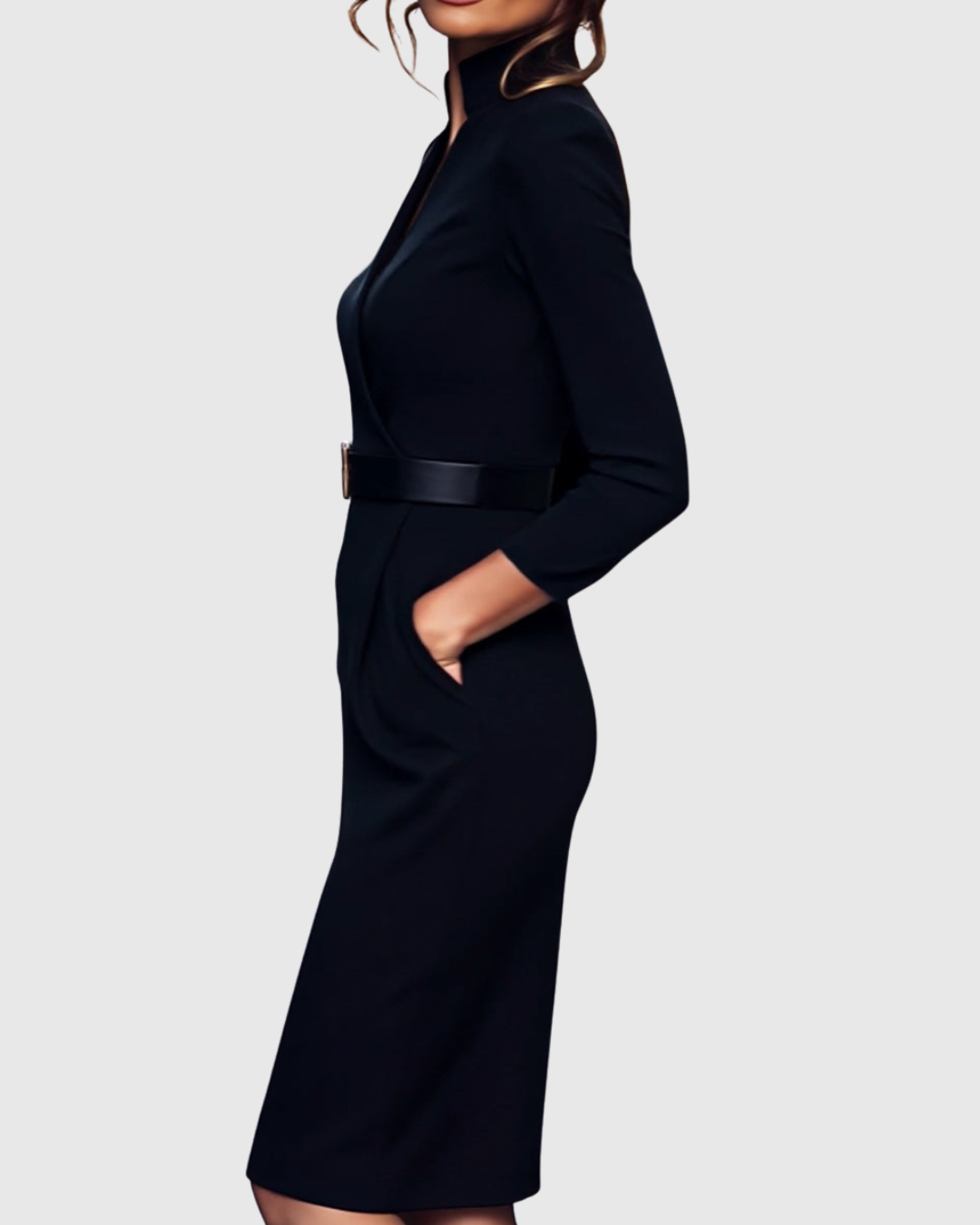 Women's Belted Bodycon Midi Dress - V-Neck and Three-Quarter Sleeves