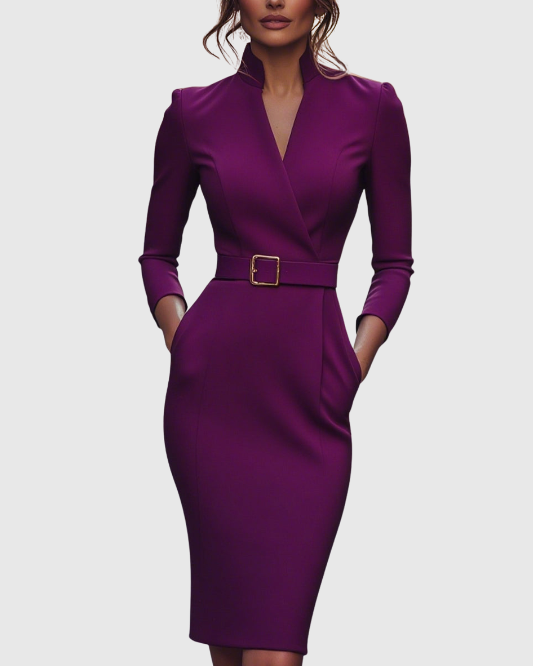 Women's Belted Bodycon Midi Dress - V-Neck and Three-Quarter Sleeves