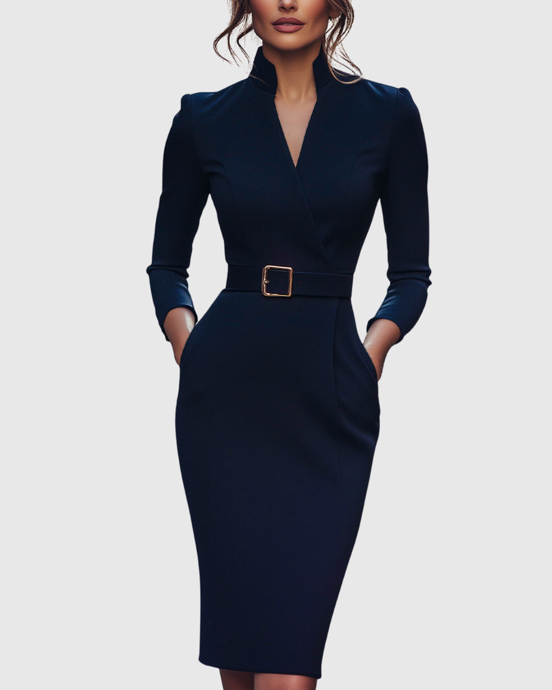 Women's Belted Bodycon Midi Dress - V-Neck and Three-Quarter Sleeves