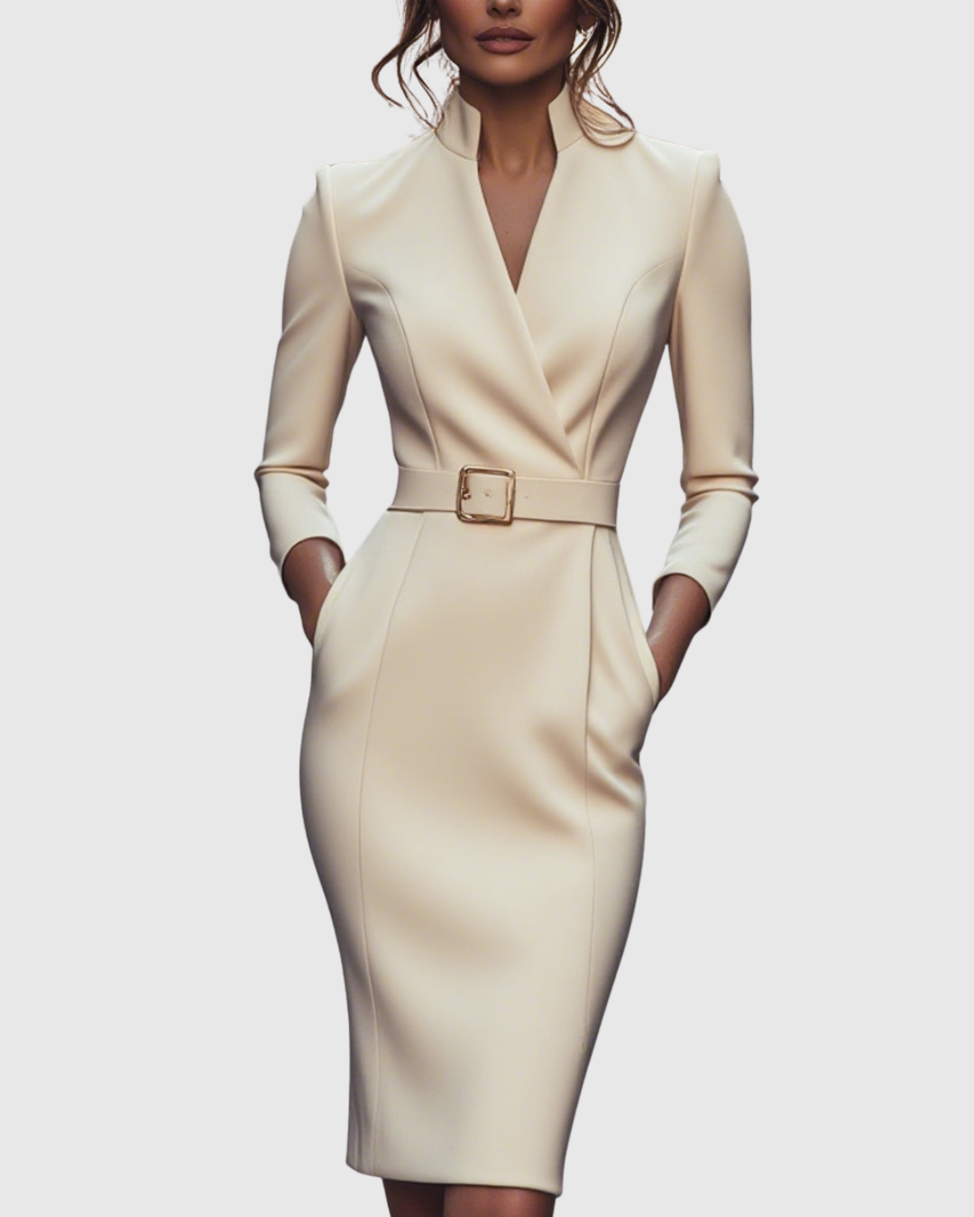 Women's Belted Bodycon Midi Dress - V-Neck and Three-Quarter Sleeves
