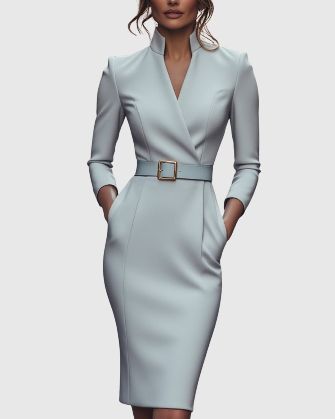 Women's Belted Bodycon Midi Dress - V-Neck and Three-Quarter Sleeves