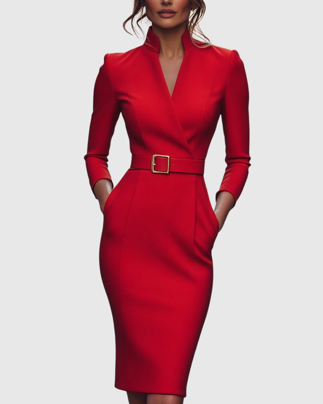 Women's Belted Bodycon Midi Dress - V-Neck and Three-Quarter Sleeves